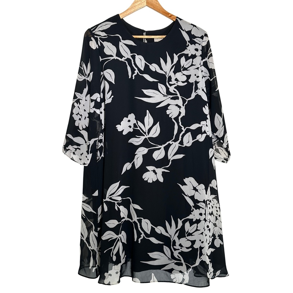 Eva Mendes Floral Black White Chiffon Shift Dress L Office Church Formal